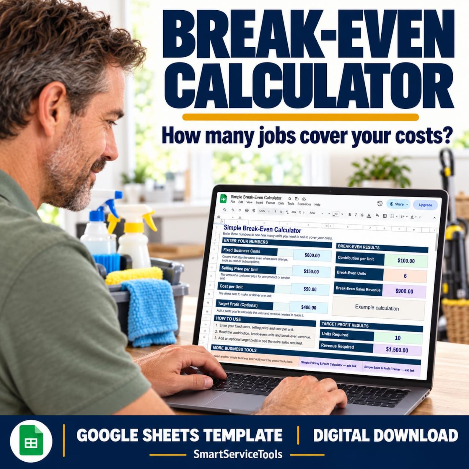 Break-Even Calculator shown on a laptop in a service-business workspace