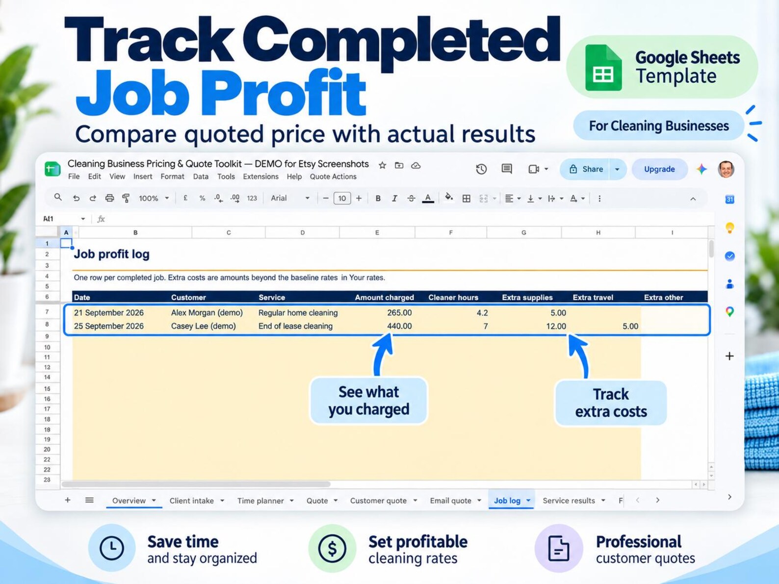 Cleaning-business completed-job profit log