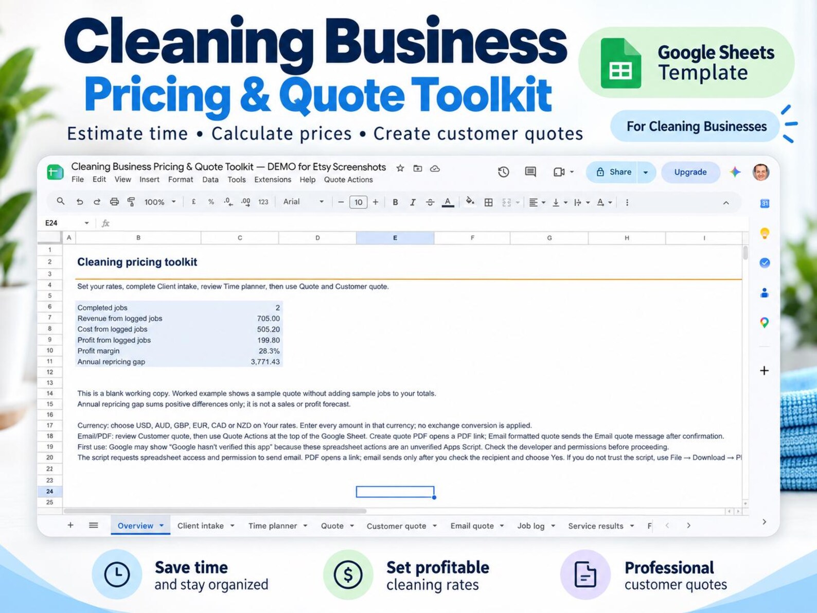 Cleaning Business Pricing and Quote Toolkit overview in Google Sheets
