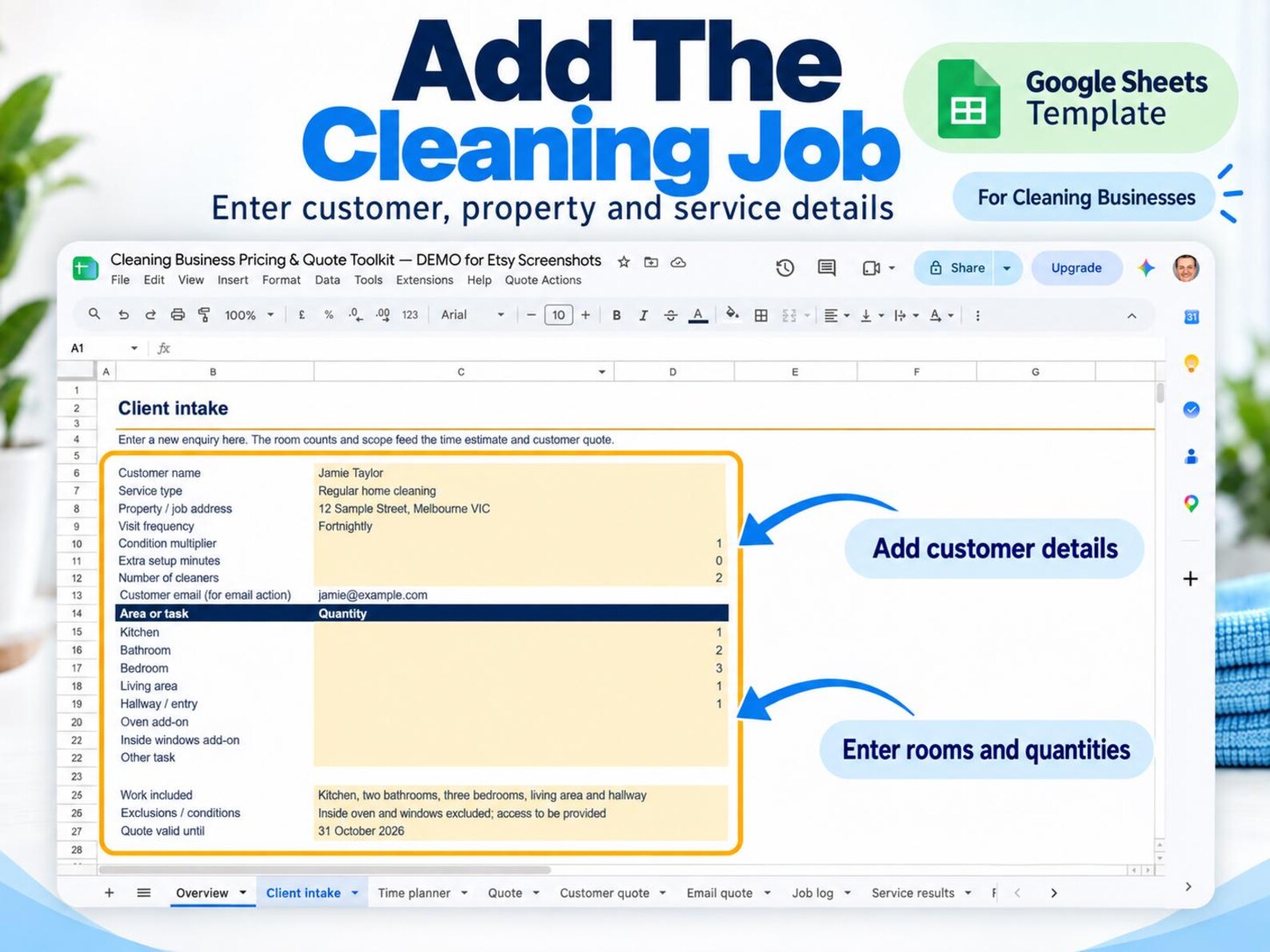 Cleaning-business client intake and job-scope screen