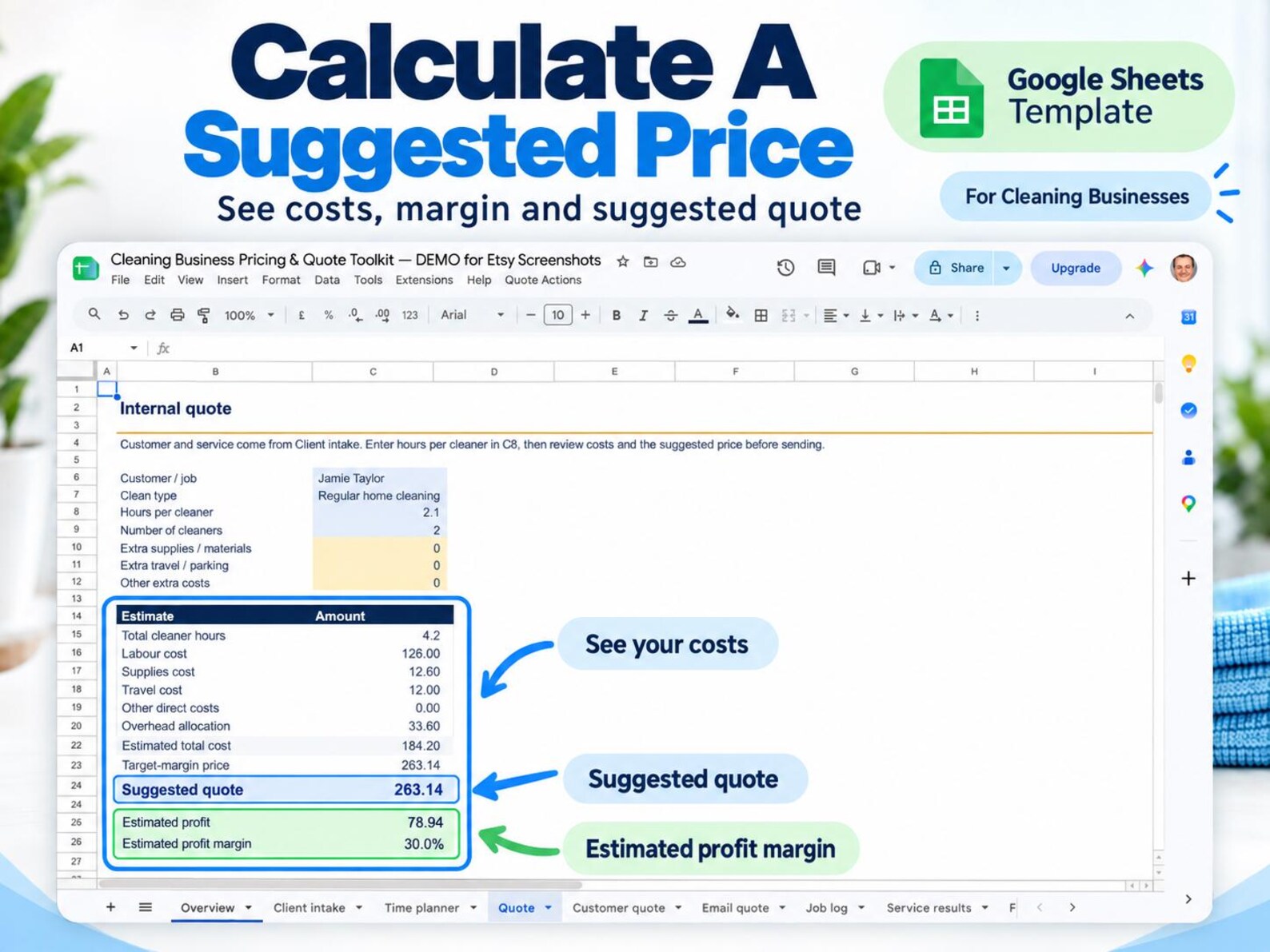 Cleaning-business cost, suggested quote and estimated margin screen