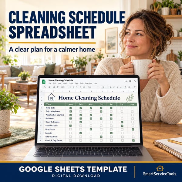 Cleaning Schedule Spreadsheet shown with its weekly home-cleaning plan