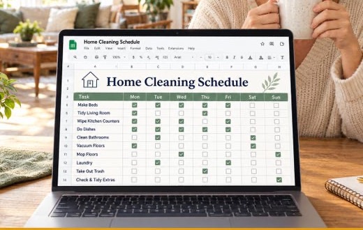 Home Cleaning Schedule displayed on a laptop