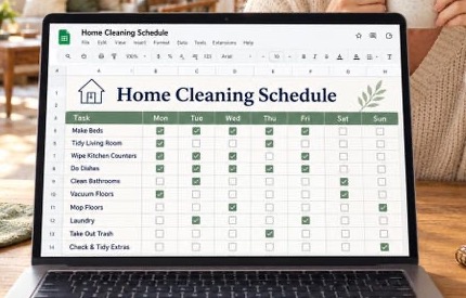 Close view of the weekly cleaning schedule