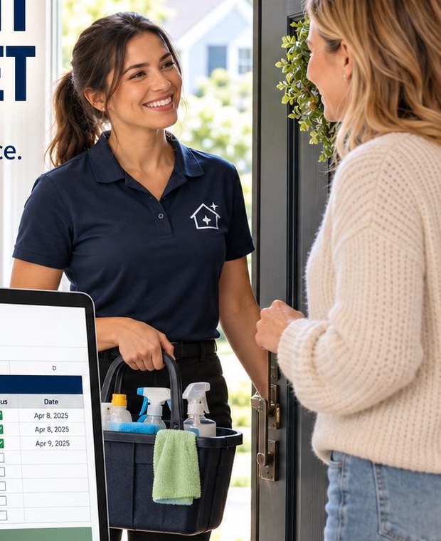 Professional cleaner welcoming a new client