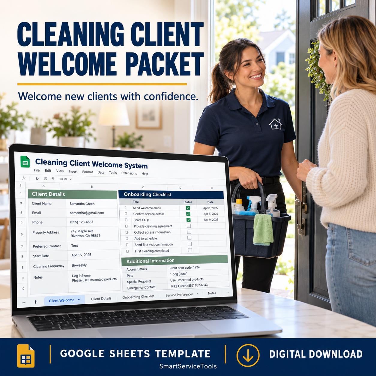 Cleaning Client Welcome Packet with its client details and onboarding checklist