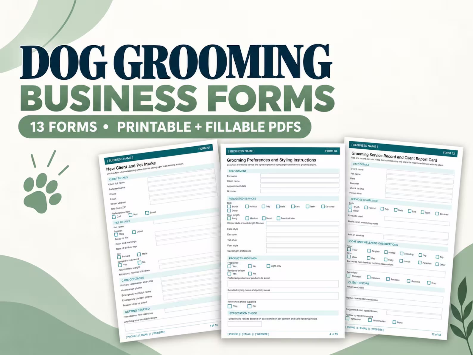Examples of the dog grooming client and service forms