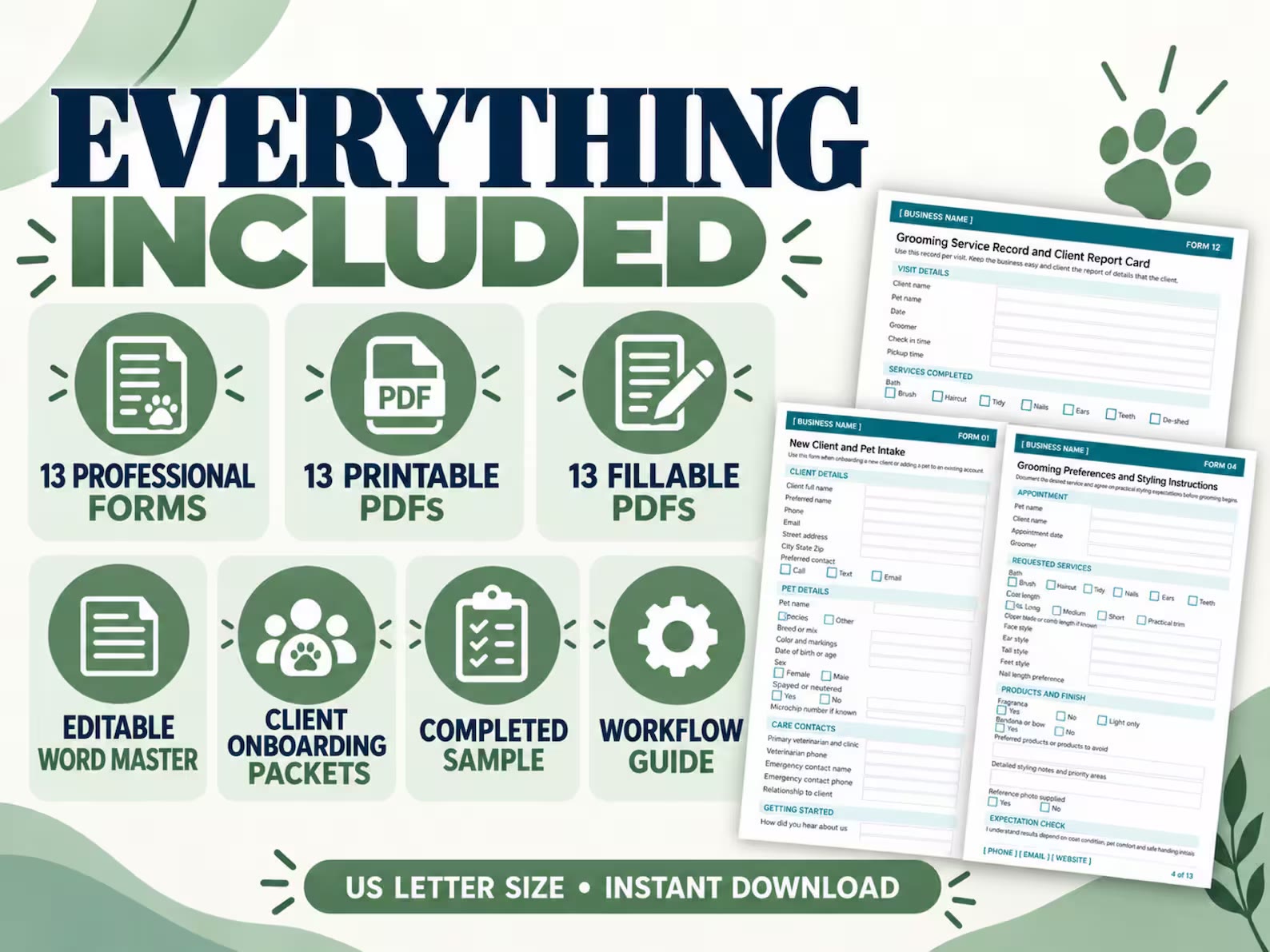 Files and formats included with the dog grooming forms