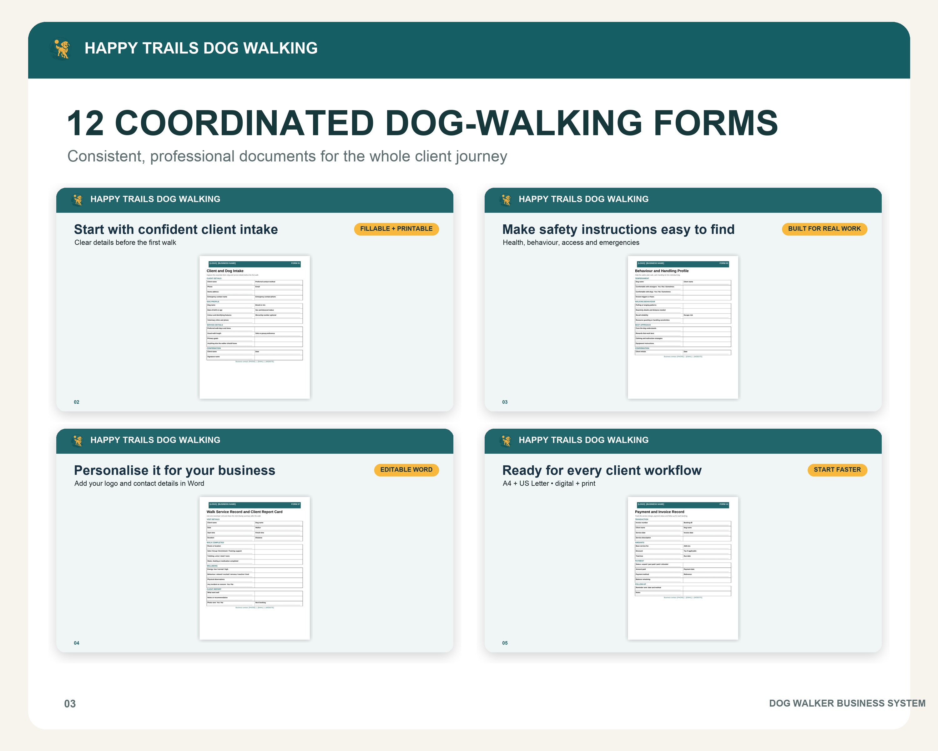 Twelve coordinated dog walker business forms