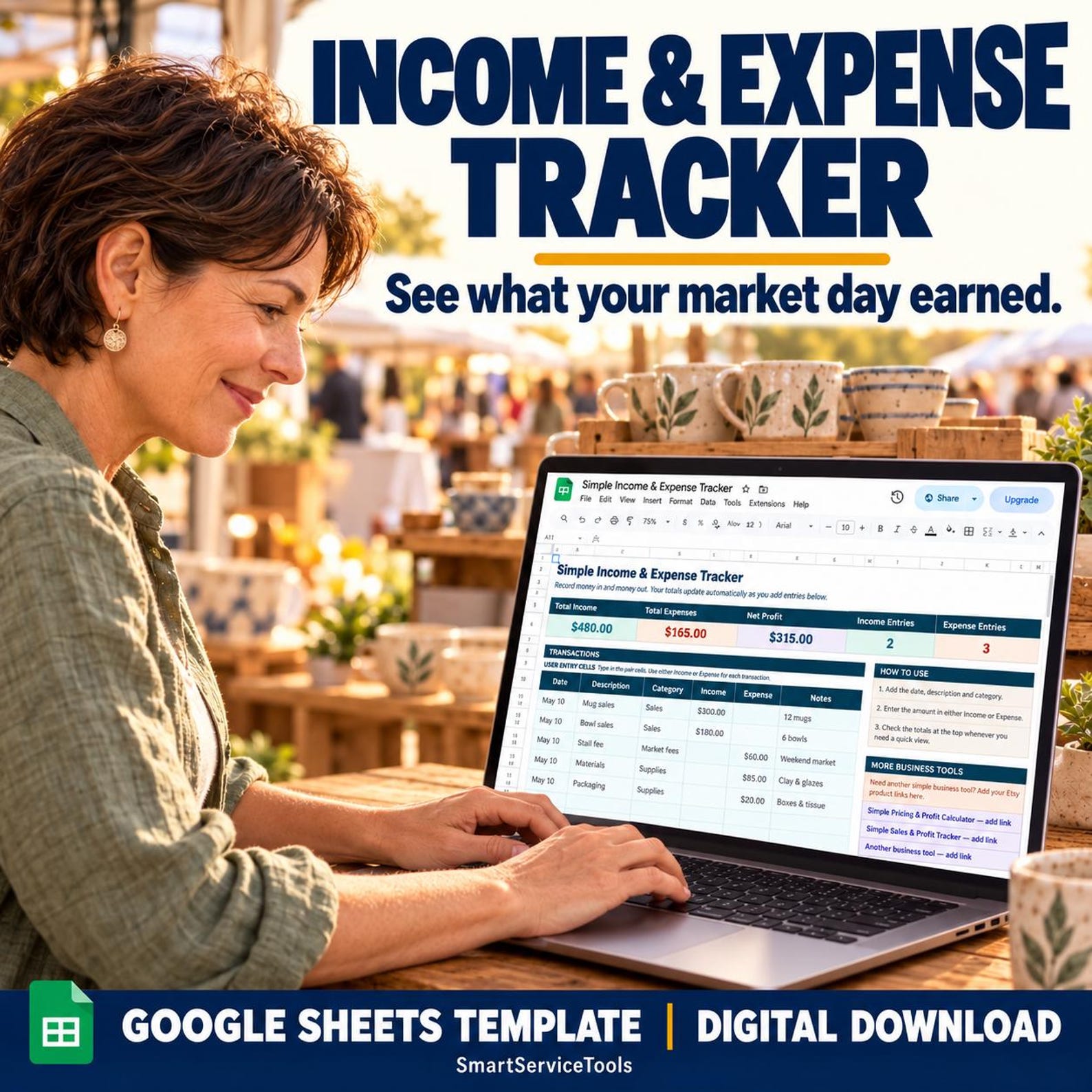 Income and Expense Tracker shown on a laptop at a small-business market stall