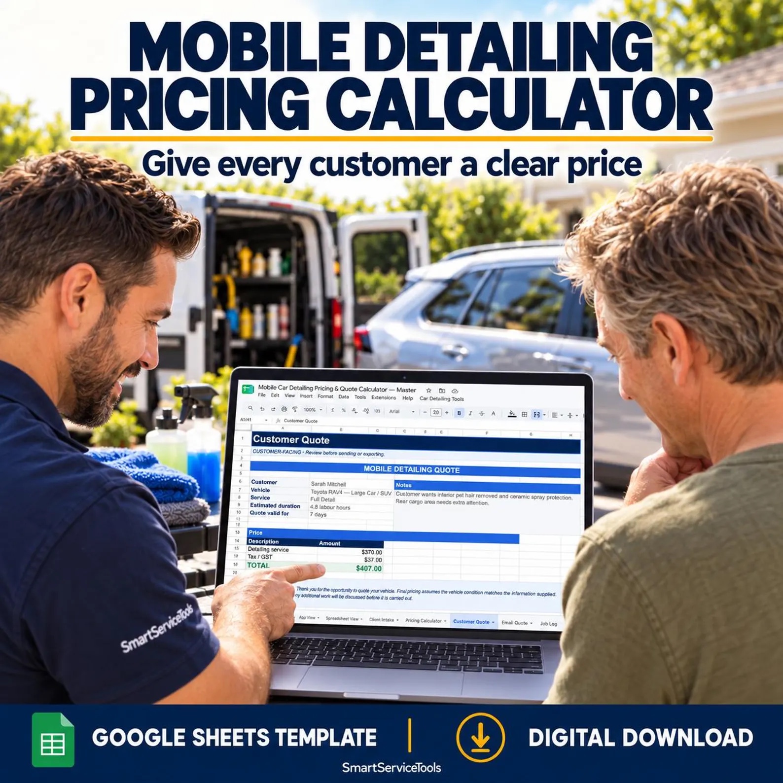 Mobile Detailing Pricing Calculator and customer quote shown beside a detailing job