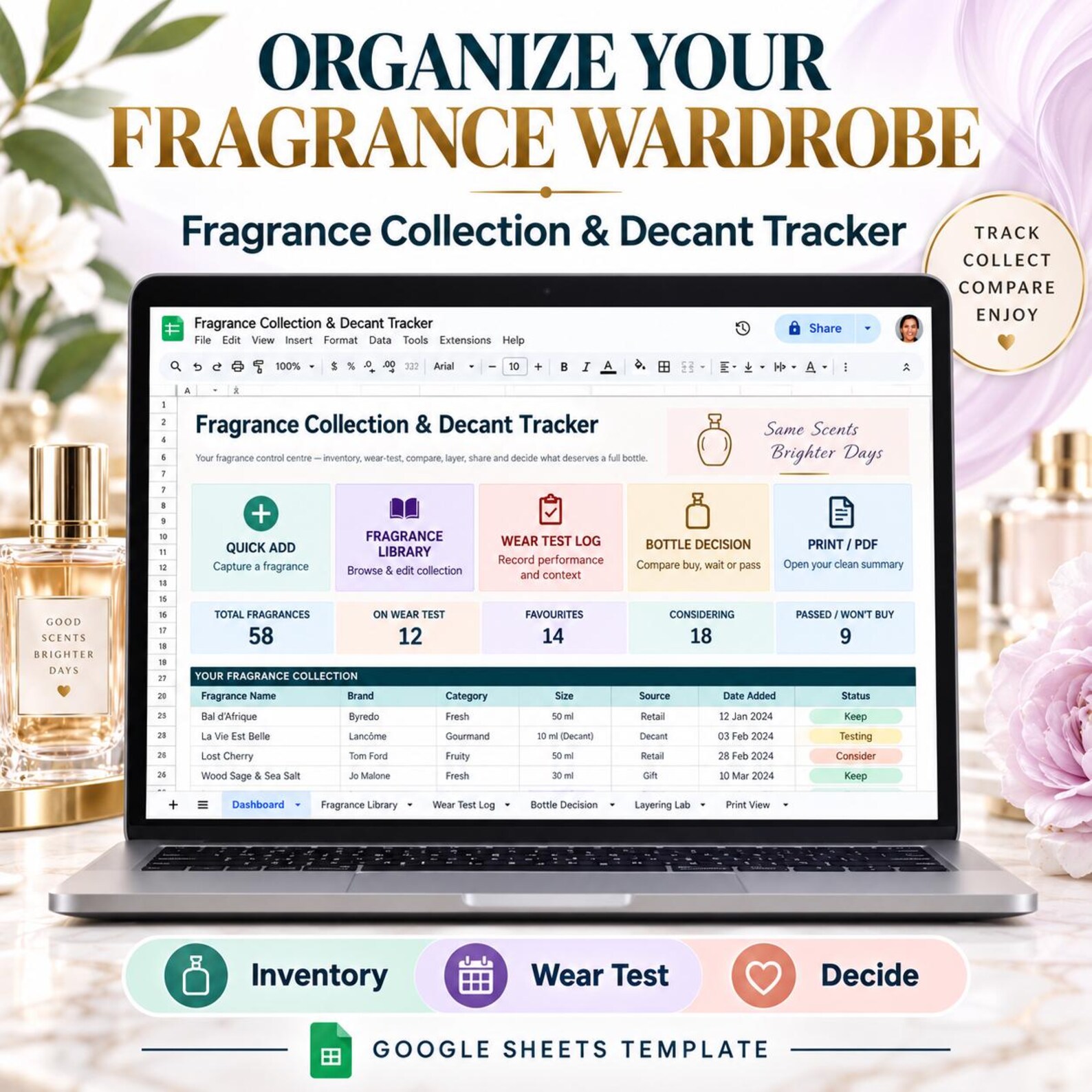 Perfume Tracker Google Sheets start screen with collection and wear-test tools