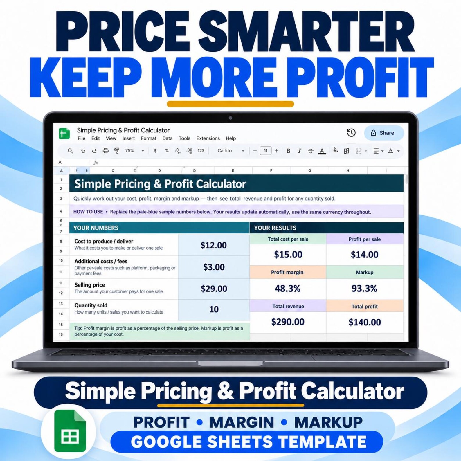 Close view of the Pricing and Profit Calculator