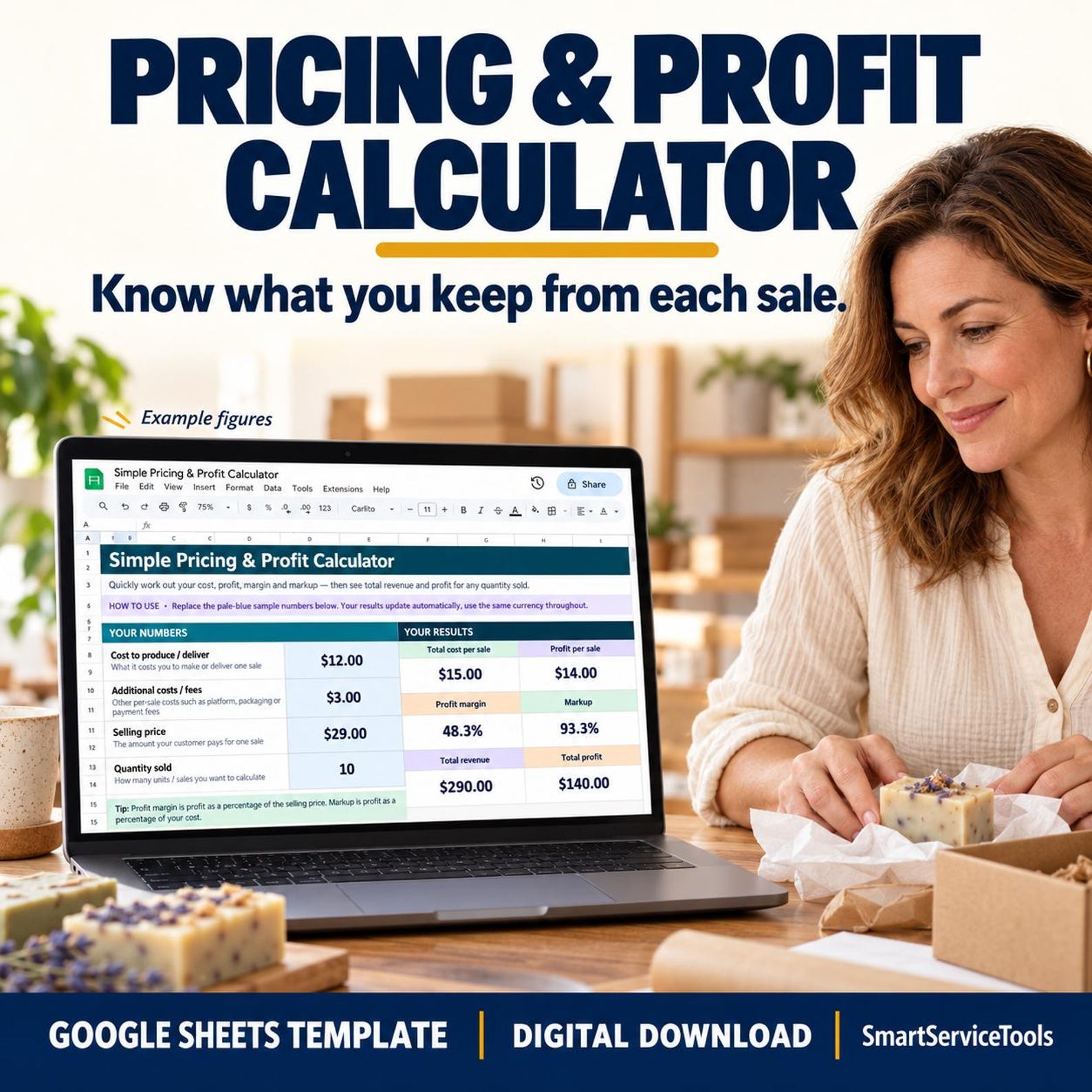Pricing and Profit Calculator shown on a laptop in a small-business workspace