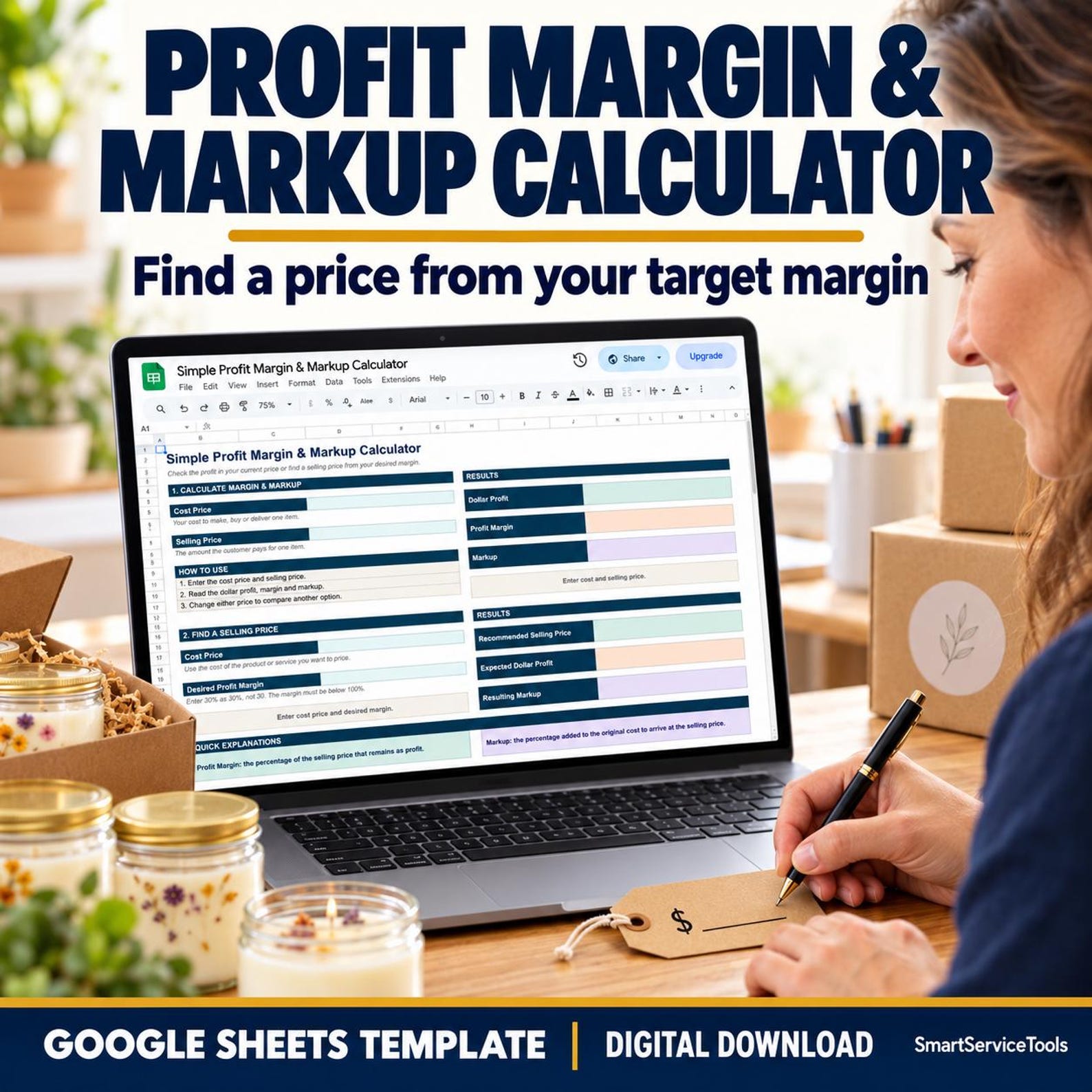 Profit Margin and Markup Calculator shown on a laptop in a maker workspace