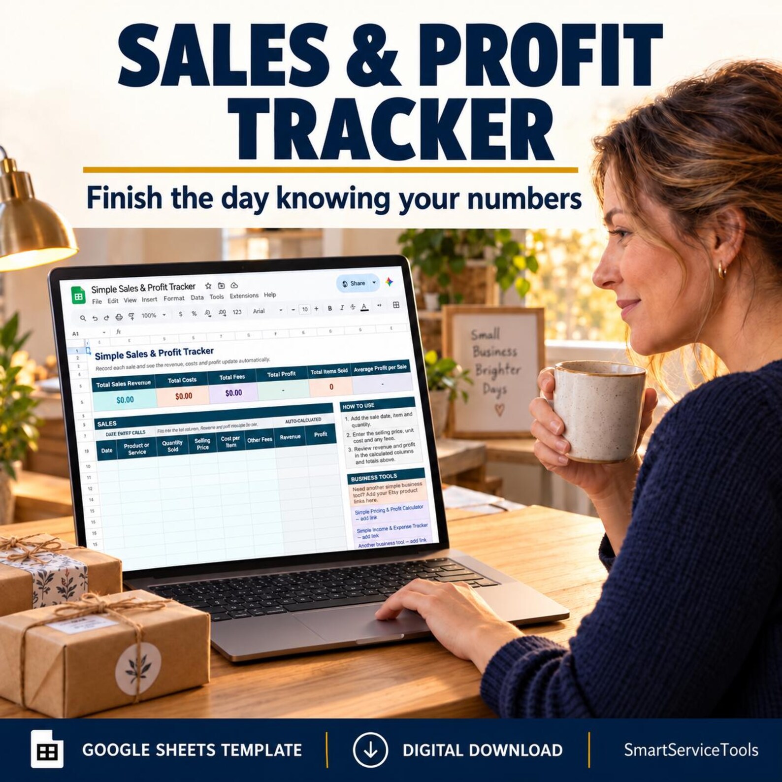 Sales and Profit Tracker shown on a laptop in a small-business workspace