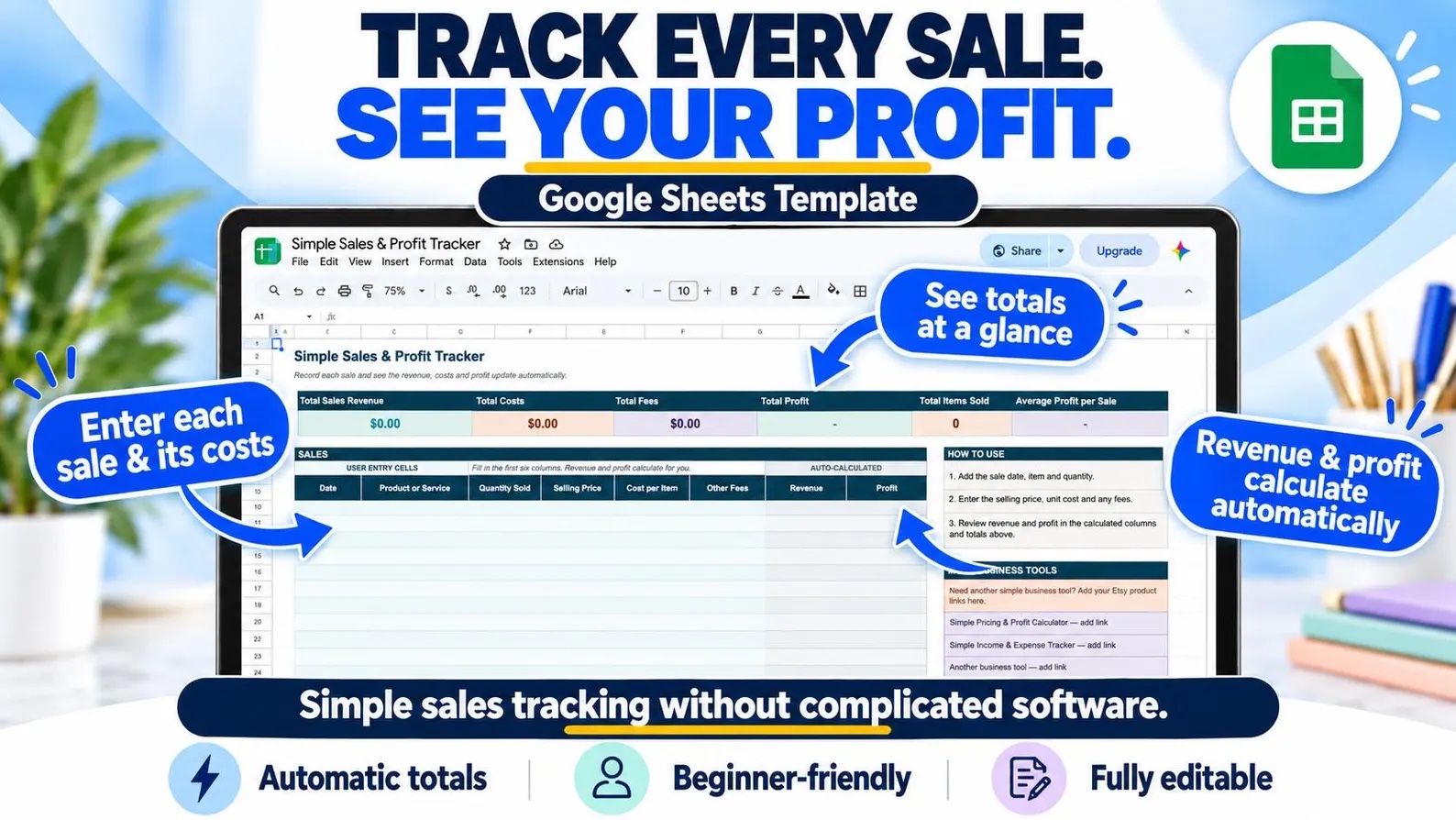 Sales and Profit Tracker totals and entry areas