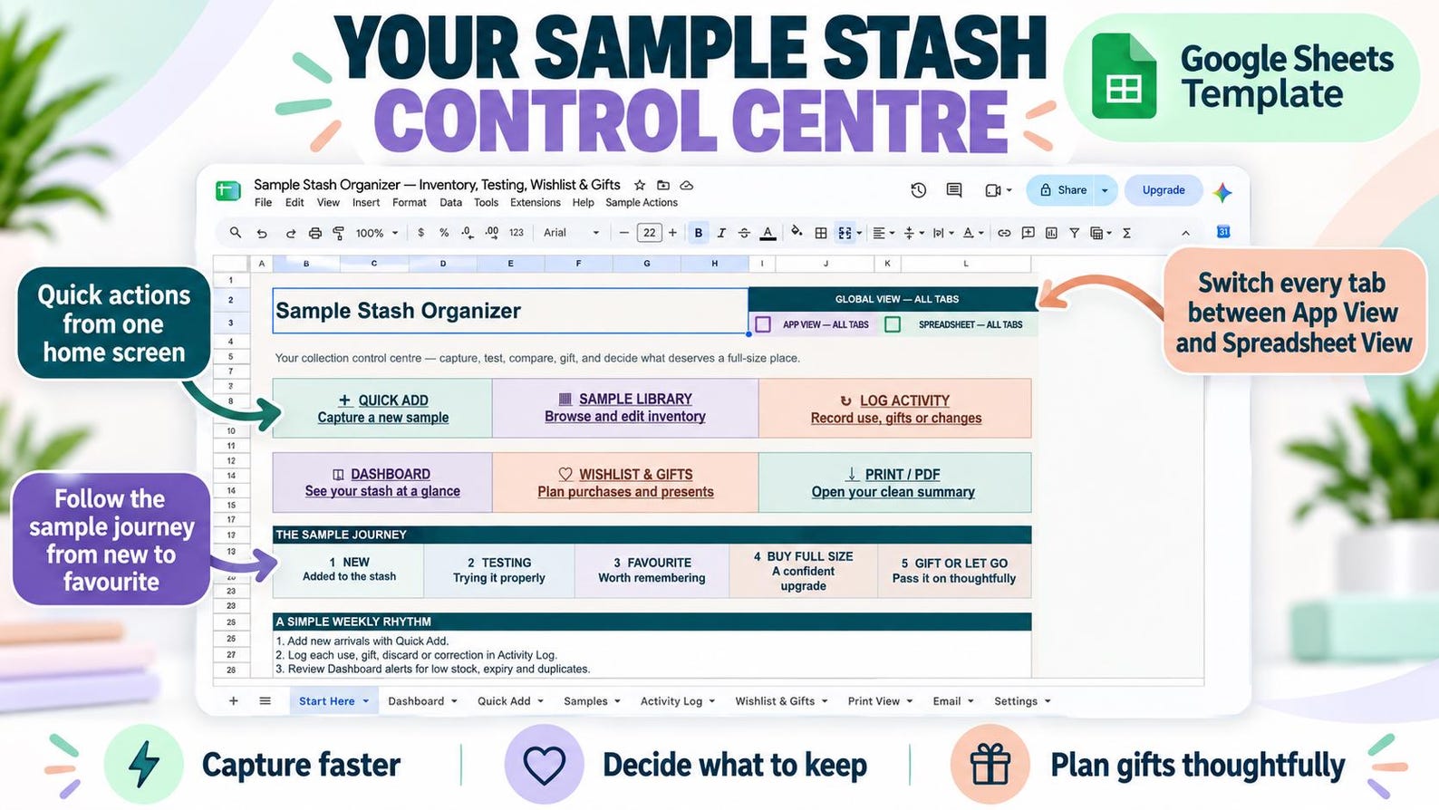 Sample Stash Organizer Google Sheets control centre with inventory, dashboard, wishlist and gift tools
