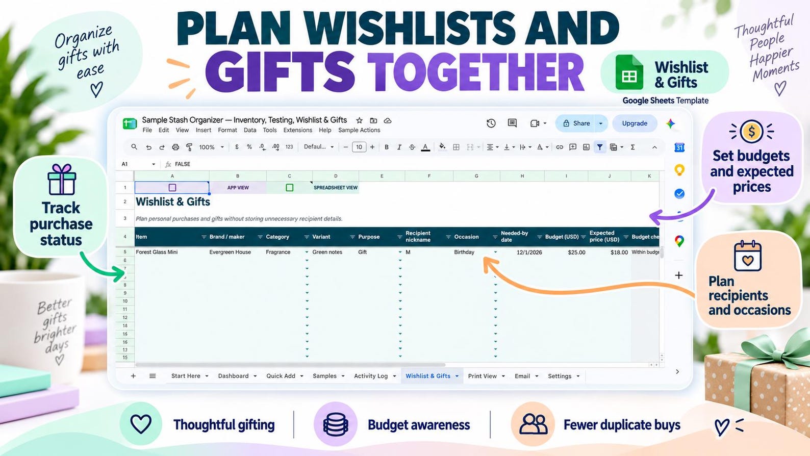 Sample Stash wishlist and gift planner