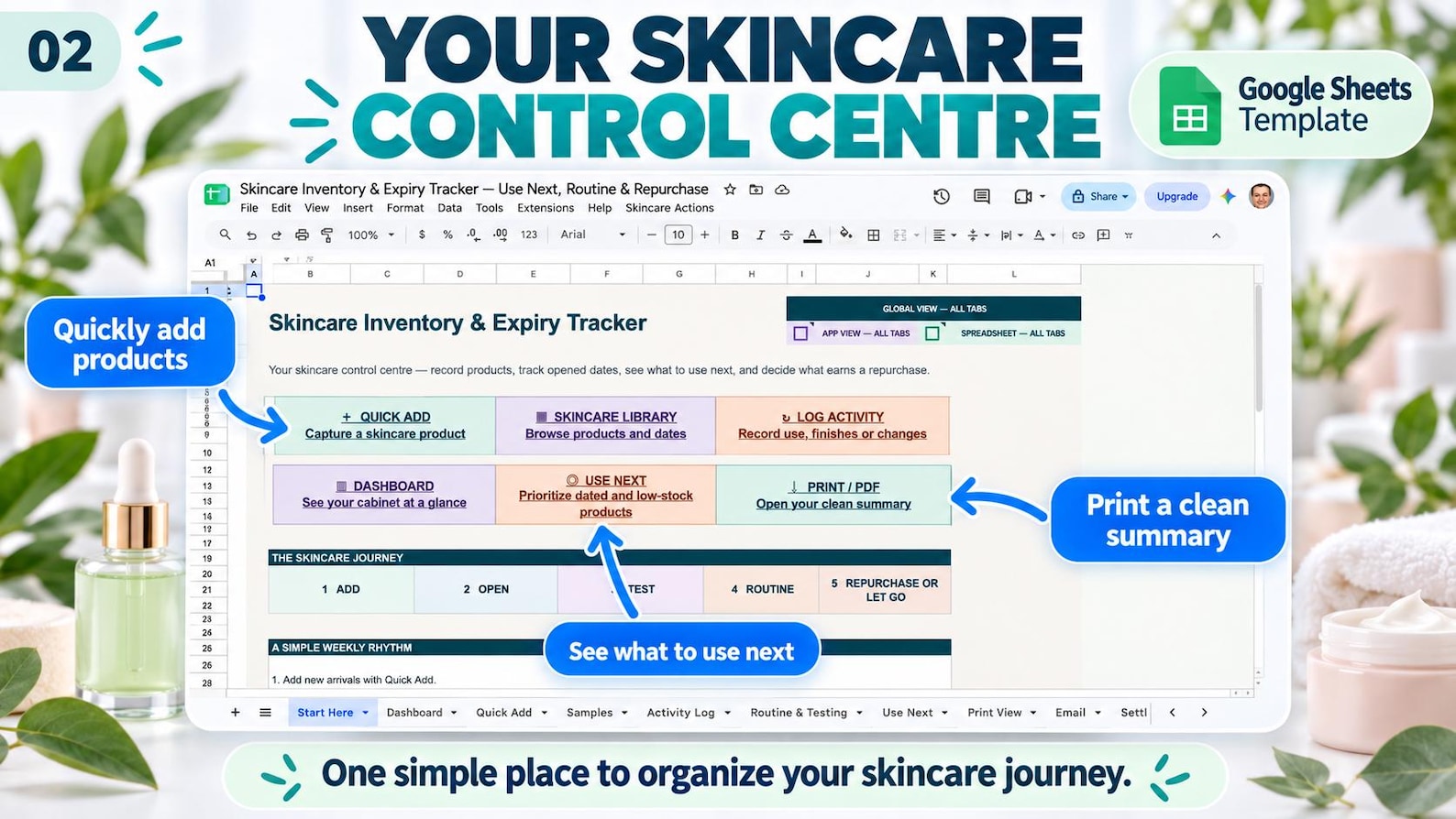 Skincare Tracker Google Sheets control centre with inventory, dashboard and Use Next tools