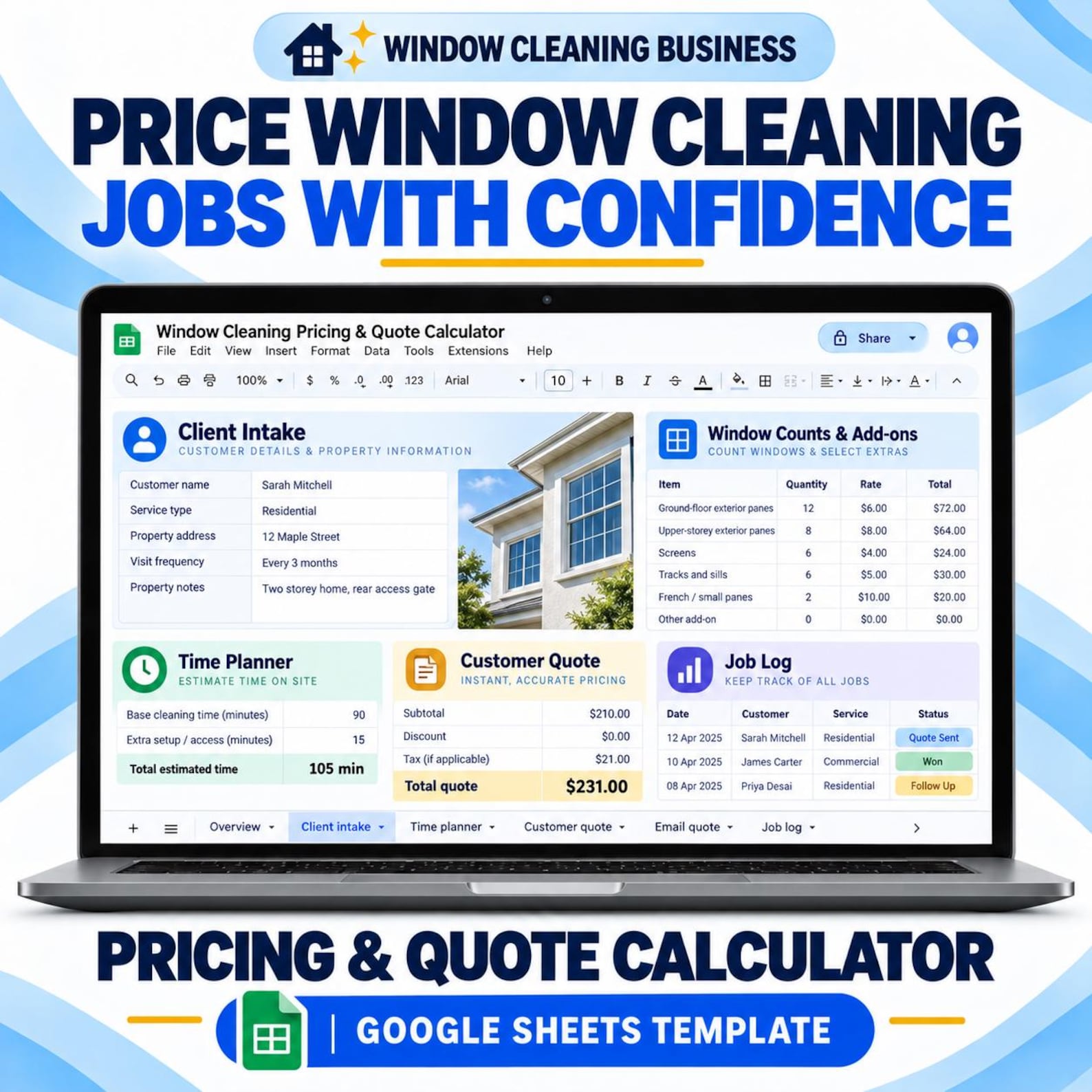 Window Cleaning Pricing and Quote Calculator overview showing client intake, window counts, time planning, customer quote and job log