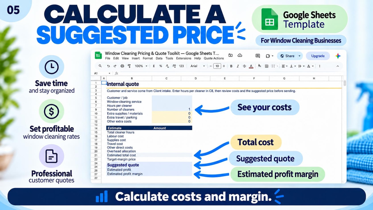 Window-cleaning cost, suggested quote and estimated margin calculator